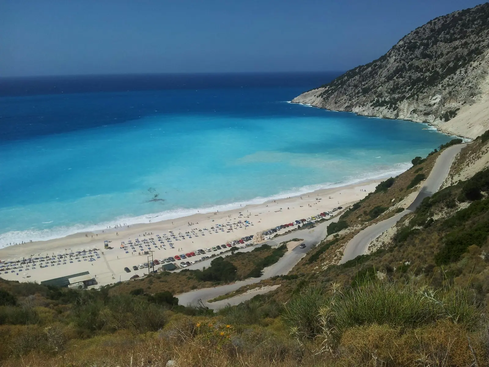 Myrtos Beach curve of turquoise water and white shore on Kefalonia